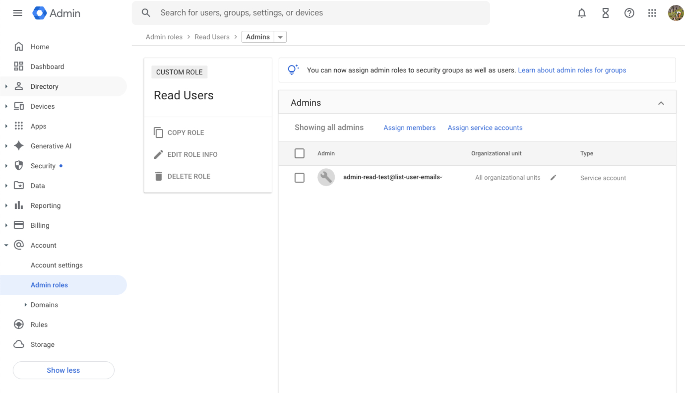 Read Users Custom Role Assigned to Service Account